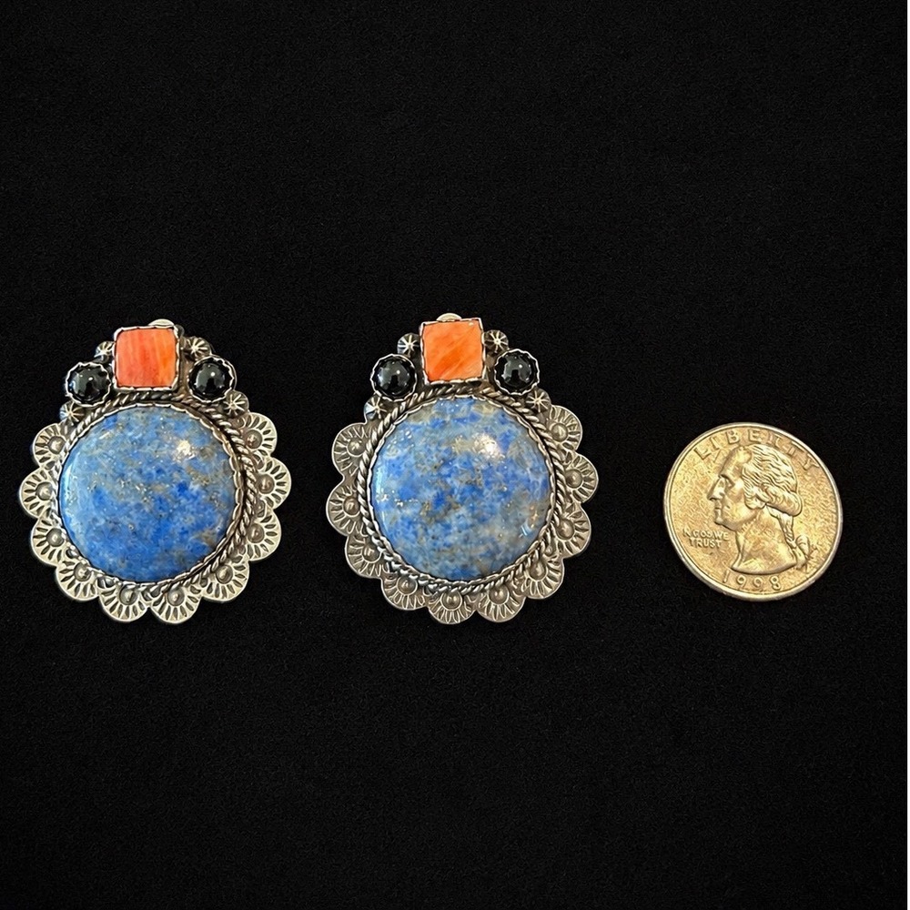 Joan Slifka Sterling Silver Lapis Lapis Onyx Spiny Oyster Clip On Earrings